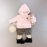 娃娃公馆 韩国品牌秋冬女童加厚加绒粉色带帽可爱开衫毛衣