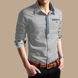 新品男士长袖衬衫男修身型薄款牛仔印花衬衣青少年韩版秋季男装潮