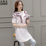2016夏季新款韩版修身大码女装短袖上衣棉麻衬衣刺绣中长款衬衫女