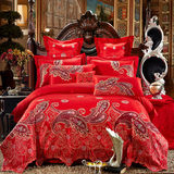 结婚大红色全棉贡缎刺绣提花床单欧式婚庆被套床盖四六八九十件套