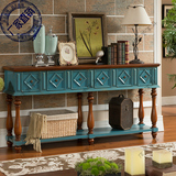 地中海做旧玄关桌实木美式现代蓝色复古门厅多斗柜欧式客厅装饰桌