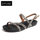 D：Fuse/迪芙斯2016夏季新款羊皮幻彩水钻平底细带套趾女鞋凉鞋