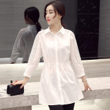 2016春装新休闲时尚白衬衫女长袖韩版收腰显瘦中长款衬衣打底上衣