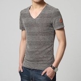 夏季男士亚麻短袖T恤韩版修身青年半袖打底衫男V领麻棉体恤上衣潮