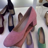 韩国正品女鞋代购2016春款羊皮真皮马卡龙色粗跟反皮单鞋