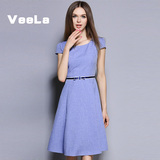 VeeLa2016夏新款纯色简单A字裙欧美时尚OL新款高腰修身气质连衣裙