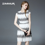 ZIMMUR2016夏季新款女装圆领无袖中腰气质修身时尚绣花雪纺连衣裙