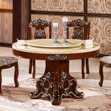 大理石餐桌 欧式实木圆桌椅组合雕花高档复古饭桌描金双层可旋转
