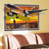 3d立体仿真墙贴纸贴画客厅沙发背景墙壁纸装饰品画框城市夕阳飞机