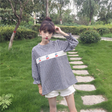 夏季女装韩版软妹学院风宽松樱桃刺绣棉麻九分袖格子衬衫学生上衣