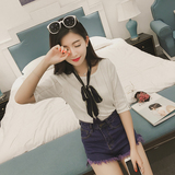 2016夏季新款 韩版流苏系带冰丝上衣薄款镂空短袖针织衫女短款潮