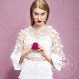 夏季新款绣花镂空上衣女白色浪漫圆领喇叭七分袖欧根纱透视短罩衫