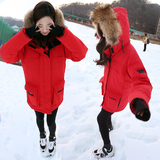 2015韩国冬装真毛领魔术贴学院风红色工装棉衣中长款棉服女外套潮
