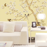 3d中式客厅沙发背景墙纸壁纸卧室玄关无缝壁画工笔玉兰花鸟墙布