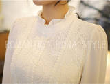 秋装新款2015韩版打底雪纺衬衫立领长袖蕾丝女衬衣有加绒款