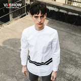 viishow2016春装新款长袖衬衫 欧美中长款白衬衫男 条纹图案衬衣