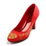 中式浅口圆头坡跟鞋红色中跟新娘婚鞋复古刺绣平底鞋结婚鞋子女鞋