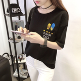 歌莉韵2016夏季新款韩版女装宽松套头纯色贴布圆领上衣打底衫T恤