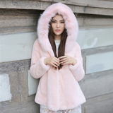 2015冬新款整皮獭兔毛 狐狸毛皮草外套中长款连帽长袖裘皮大衣女