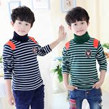 2015冬装韩版新款条纹款男童高领加绒加厚T恤打底衫tx-4316
