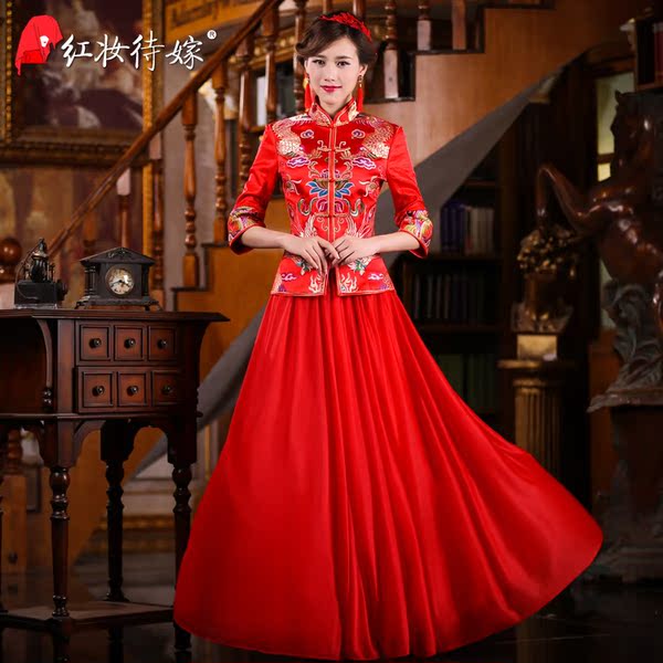 新娘旗袍长款红色结婚敬酒服2014新款长袖改良复古显瘦婚纱礼服