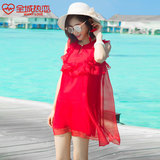 雪纺大红色短裙宽松连衣裙夏甜美波西米亚海边度假沙滩裙修身显瘦