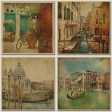 威尼斯小镇 怀旧复古风景牛皮纸海报 咖啡酒吧装饰贴画挂画墙壁纸