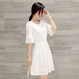 2016夏装新款连衣裙女韩版修身裙子白色五分袖A字裙中长款淑女裙