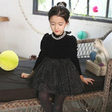 15冬季韩国钉珠丝绒女童长袖加绒连衣裙中大童公主蓬蓬纱甜美礼服