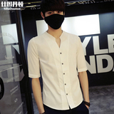 韩版修身男士白色薄款中袖衬衣英伦风夏季发型师短袖衬衫休闲男装