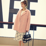 2015新款韩版冬季女装拉毛藕粉色中长款夹棉加厚羊绒毛呢外套大衣