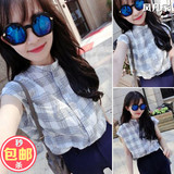 韩国大码女装夏装2016新款格子衬衫立领无袖宽松衬衣学生胖mm显瘦