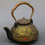 古玩古董铜器收藏 仿古纯黄铜双狮提梁烧水壶 茶壶 酒壶 摆件