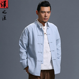 中国风男士休闲亚麻唐装衬衫纯色立领棉麻唐装中式盘扣复古外套潮