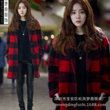 2015秋冬季新款韩版红黑格子毛呢外套时尚中长款呢子大衣品牌女装