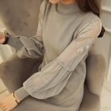 2016春装新款韩版中长款半高领蕾丝网纱拼接袖毛衣女装打底针织衫