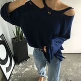 [miss Doud]16韩国东大门X2露肩破洞宽松长袖打底T恤女