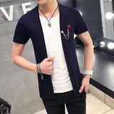 新款夏季纯棉圆领男士短袖T恤衫日系韩版修身假两件半袖t恤纯色潮