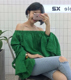 韩国 超美喇叭袖设计一字领露肩蝴蝶结衬衫の上衣 3色
