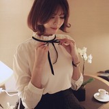 2016春装新品长袖衬衫女韩版荷叶边木耳立领蝴蝶结系带打底白衬