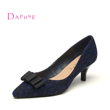 达芙妮女鞋包头蕾丝正品牌黑色深蓝色蝴蝶结瓢鞋尖头细跟高跟单鞋