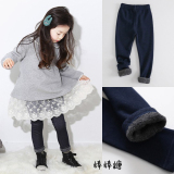 韩国童装儿童仿牛仔加厚加绒打底裤2015冬装新款韩版女童靴裤长裤
