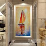 高档欧式油画手绘玄关装饰画客厅有框画竖版过道挂画现代抽象帆船