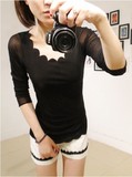 秋季韩版女黑色蕾丝网纱长袖T恤 圆领波浪边打底衫显瘦透视打底衫