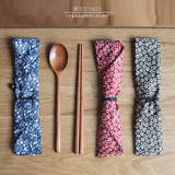 创意筷子勺子套装复古长柄筷勺便携木质布套饭勺汤勺日式原木餐具