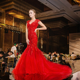 婚纱2015秋新款韩式蕾丝花朵修身一字肩抹胸鱼尾婚纱礼服红色定制