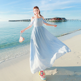 2016雪纺拼接蕾丝荷叶吊带海边度假沙滩裙波西米亚长裙显瘦连衣裙