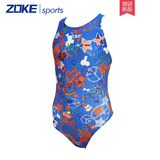 ZOKE运动新款儿童泳衣中大童印花三角连体泳衣女童专业学生游泳衣