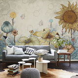 墙纸艺术壁纸定制大型复古壁画田园花卉背景墙布客厅手绘向日葵
