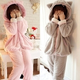 韩国原单珊瑚绒羊羔绒毛绒可爱兔猫耳朵女冬季加厚家居服睡衣套装